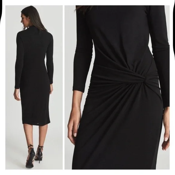 REISS Freya Black Twist Front Bodycon Midi Dress Sz 6 Minimalist Evening Chic - Picture 6 of 9